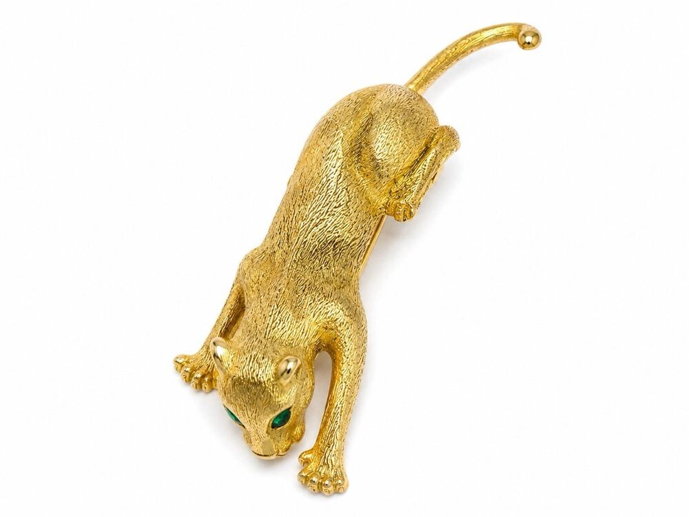 Vintage Gold Tone Panther Cougar Brooch Pin Green Rhinestone Eyes Unmarked